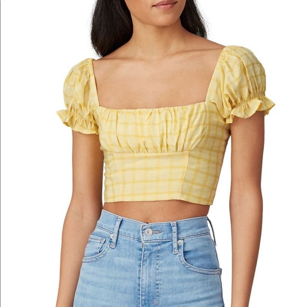 Capulet Keyla Yellow Plaid Linen Puff Sleeve Crop Top XL